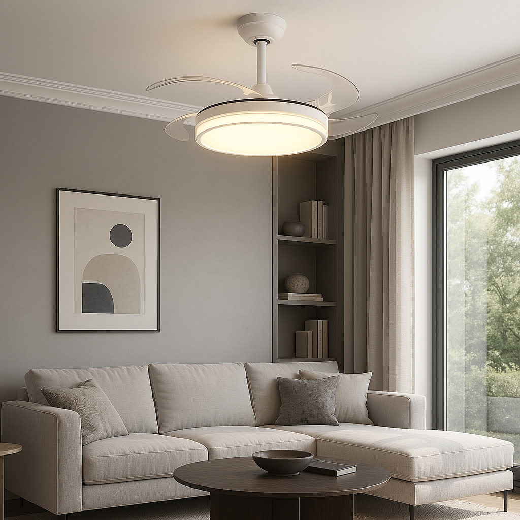 VENTILADOR DECORATIVO BLANCO-NIQUEL CON ASPAS RETRÁCTILES, LUZ LED Y CONTROL REMOTO Ø107 MOTOR DC 32W