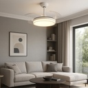 VENTILADOR DECORATIVO BLANCO-NIQUEL CON ASPAS RETRÁCTILES, LUZ LED Y CONTROL REMOTO Ø107 MOTOR DC 32W