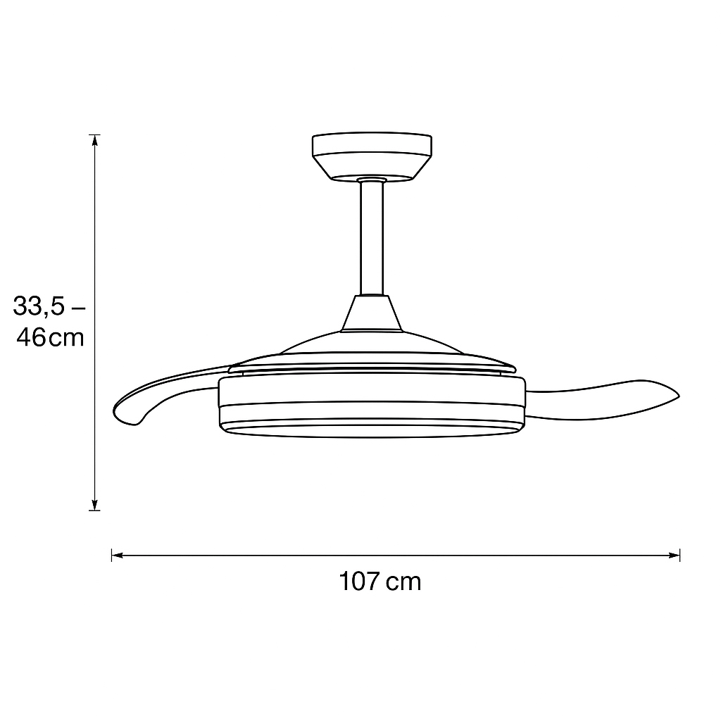 VENTILADOR DECORATIVO BLANCO-NIQUEL CON ASPAS RETRÁCTILES, LUZ LED Y CONTROL REMOTO Ø107 MOTOR DC 32W
