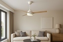 VENTILADOR DECORATIVO COLOR BLANCO ASPAS EN MADERA Ø107 MOTOR DC 22W CON LUZ LED Y MANDO A DISTANCIA
