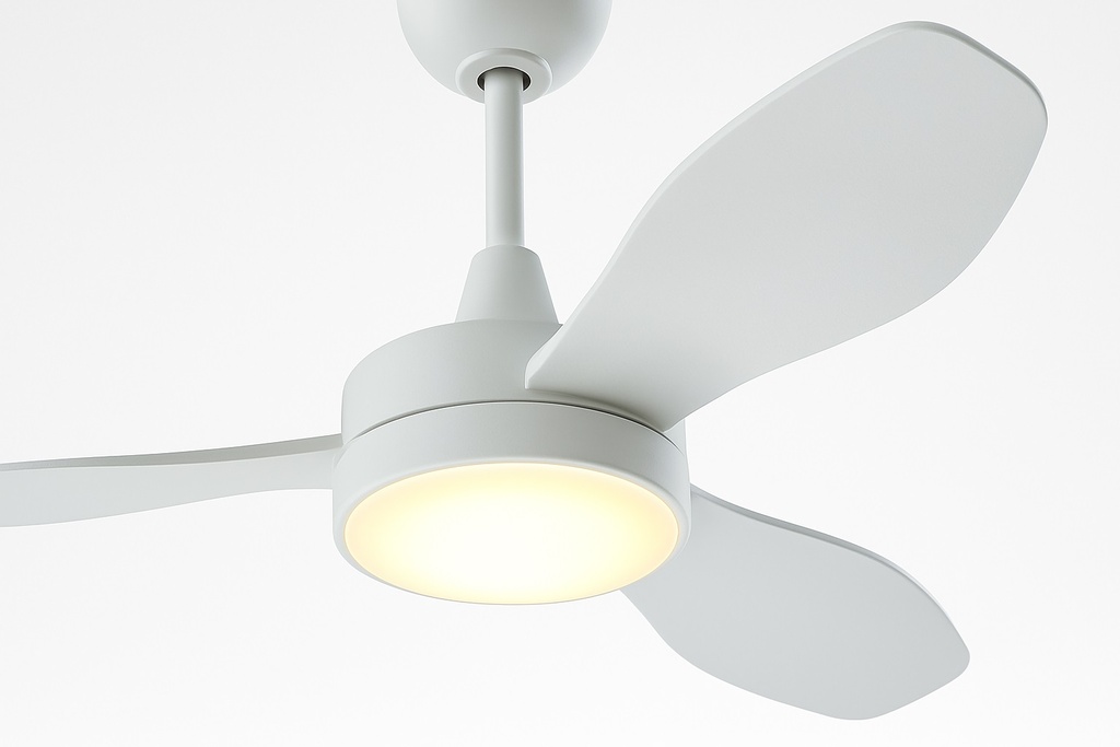 VENTILADOR DECORATIVO BLANCO-NIQUEL CON ASPAS RETRÁCTILES, LUZ LED Y CONTROL REMOTO Ø107 MOTOR DC 32W (copia)