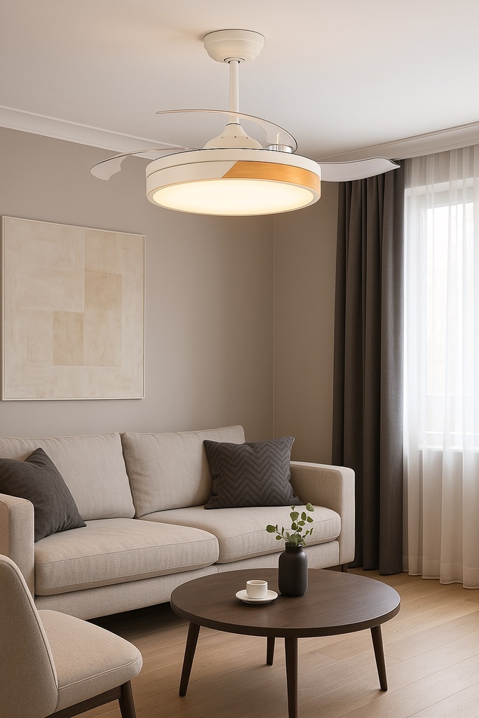 VENTILADOR DECORATIVO CON ASPAS RETRÁCTILES, ALTAVOZ BLUETOOTH, LUZ LED Y MANDO A DISTANCIA MOTOR 32W DC