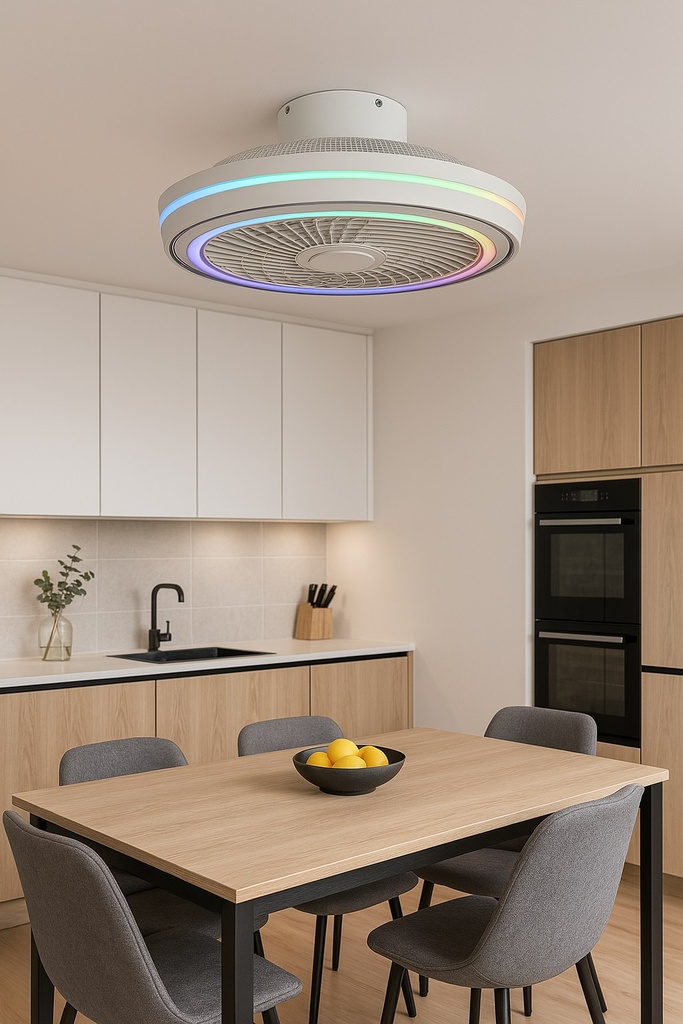 VENTILADOR DECORATIVO BLANCO-NIQUEL CON ASPAS RETRÁCTILES, LUZ LED Y CONTROL REMOTO Ø107 MOTOR DC 32W