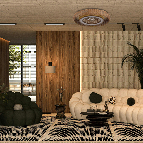 VENTILADOR DECORATIVO COLOR BLANCO ASPAS EN MADERA Ø107 MOTOR DC 22W CON LUZ LED Y MANDO A DISTANCIA