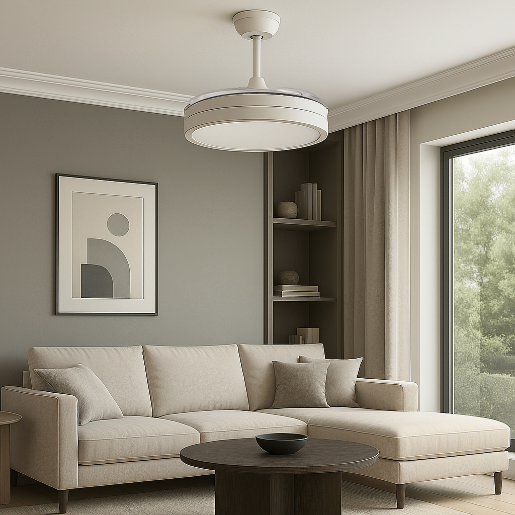 VENTILADOR DECORATIVO BLANCO-NIQUEL CON ASPAS RETRÁCTILES, LUZ LED Y CONTROL REMOTO Ø107 MOTOR DC 32W