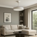 VENTILADOR DECORATIVO BLANCO-NIQUEL CON ASPAS RETRÁCTILES, LUZ LED Y CONTROL REMOTO Ø107 MOTOR DC 32W