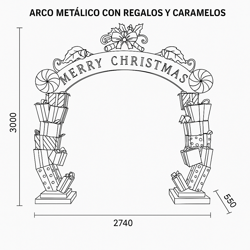 ARCO METÁLICO CON REGALOS Y DULCES, 274X55X300CM