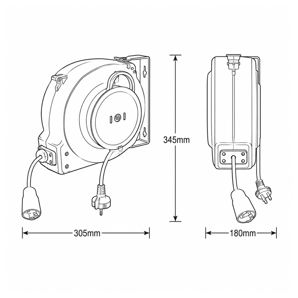 ENROLLADOR DE CABLE DE PARED IP20 3x1,5mm 8+2m, RETRÁCTIL, CON PROTECCIÓN CONTRA SOBRECALENTAMIENTO