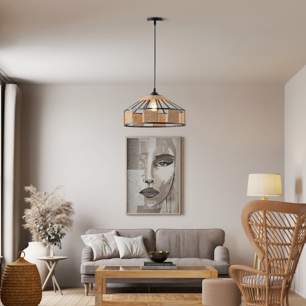 LÁMPARA DE TECHO COLGANTE CUERDA-METAL Ε27 MAX 15W 400x400x1300mm NEGRO-CAQUI ARTE ILLUMINA HELIOS