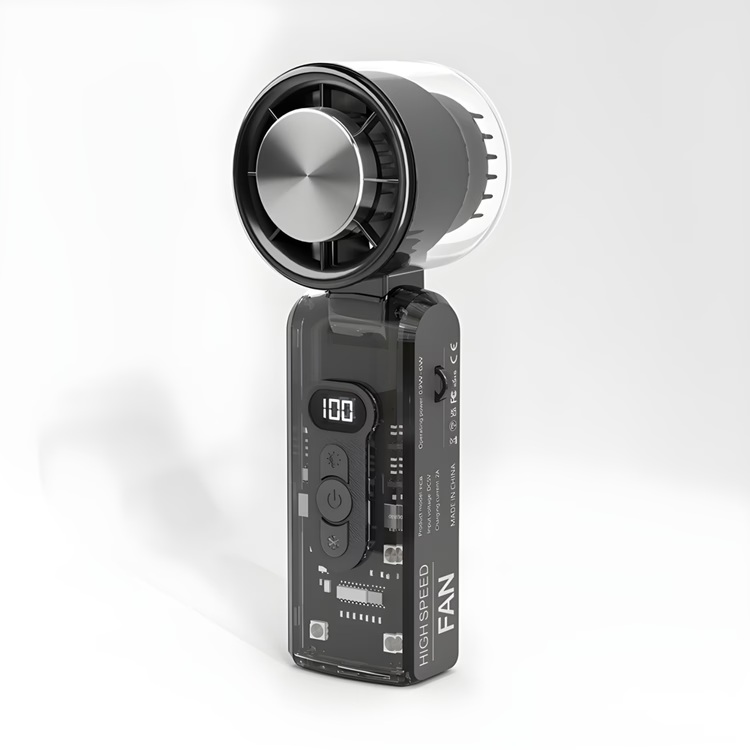 VENTILADOR PORTÁTIL DE MANO RECARGABLE CON FUNCIÓN DE REFRIGERACIÓN POR HIELO, LUZ LED, Ø6 cm COLOR NEGRO TRANSPARENTE