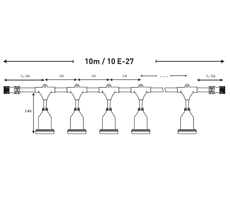 GUIRNALDA EXTERIOR 10m CON 10 PORTALAMPARAS E27, EXTENSIBLE