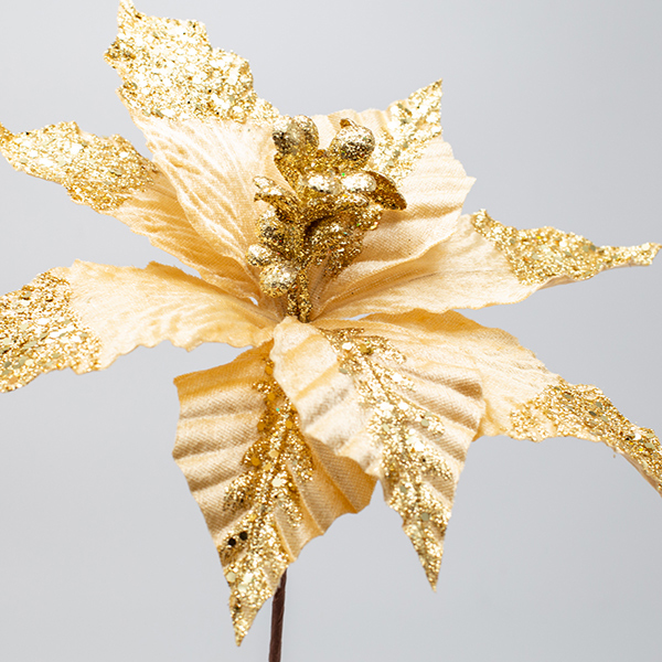 FLOR DE POINSETTI, DORADA, CON BRILLO EN LA MITAD DE LA HOJA, 26x20cm