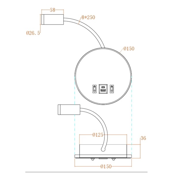 APLIQUE DE LECTURA DOBLE ALUMINIO 3+7W 150+500Lm 3000K Φ150x458mm CON USB TIPO C Y SOPORTE ARTE ILLUMINA