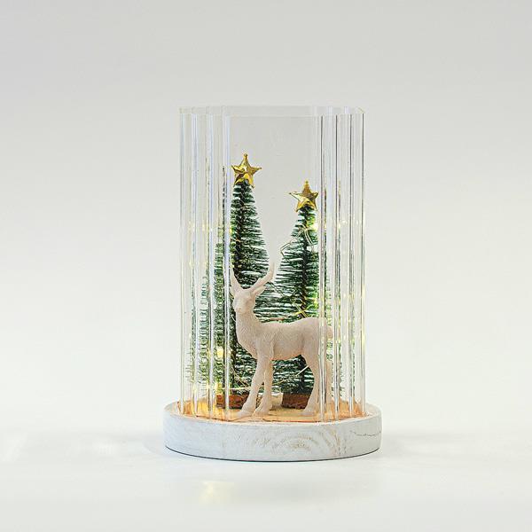 DECORATIVO DE CRISTAL ILUMINADO, CON CIERVOS Y ÁRBOLES EN EL INTERIOR, 11,5x11,5x18,5cm