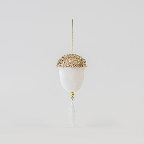 BELLOTA DE TERCIOPELO BLANCO CON BRILLO DORADO, 8x20cm