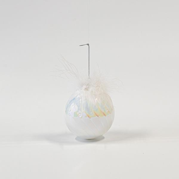 BOLA DE CRISTAL, BLANCO IRIDISCENTE, CON PLUMAS, SET 4UNDS, 10cm