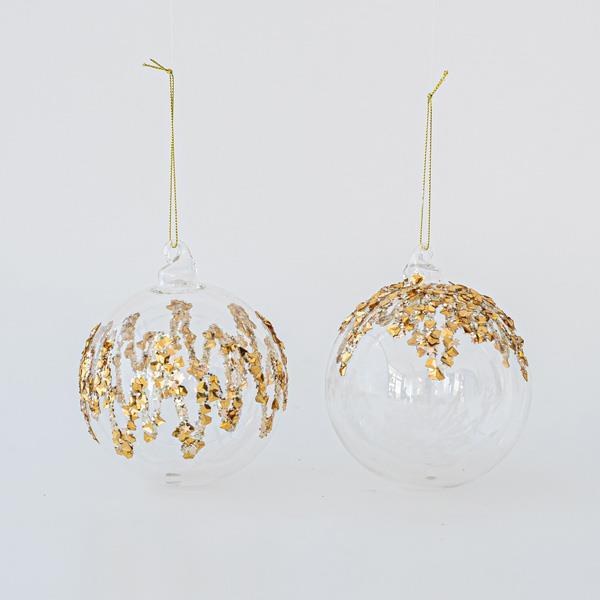 BOLA DE CRISTAL CON RELIEVE ORO 2 DISEÑOS, SET 4UNDS, 10cm