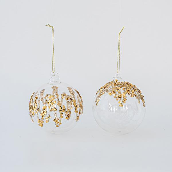 BOLA DE CRISTAL CON RELIEVE ORO 2 DISEÑOS, SET 4UNDS, 8cm