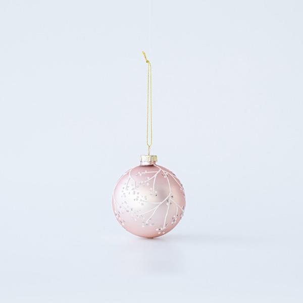 BOLA DE CRISTAL ROSA CON DISEÑOS BLANCOS, SET 4UNDS, 10cm