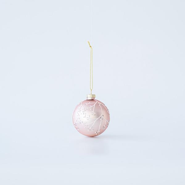 BOLA DE CRISTAL ROSA CON DISEÑOS BLANCOS, SET 4UNDS, 8cm
