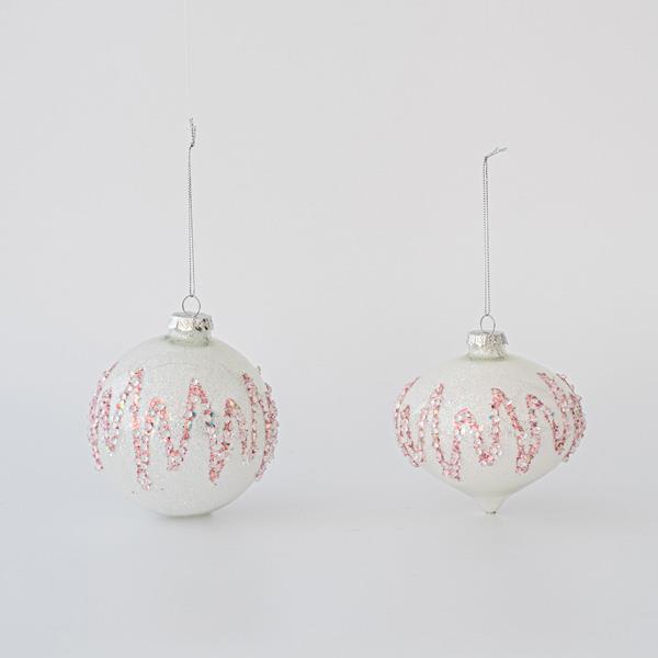 BOLA DE VIDRIO BLANCA CON DISEÑOS BRILLANTES, 2 FORMAS, SET 4UNDS, 10cm