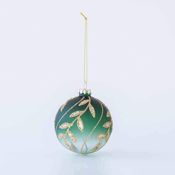 BOLA DE CRISTAL VERDE CON HOJAS DE ORO, SET 4UNDS, 10cm