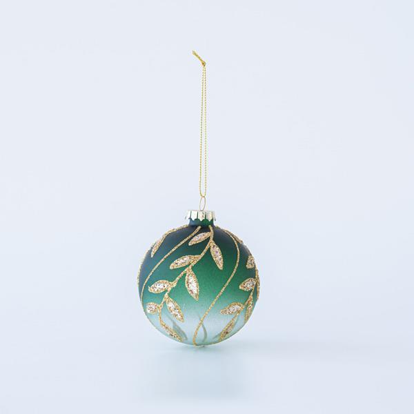 BOLA DE CRISTAL VERDE CON HOJAS DE ORO, SET 4UNDS, 8cm