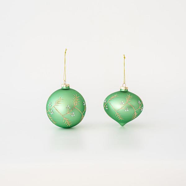 ADORNO DE CRISTAL, VERDE, CON DISEÑOS DORADOS, 2 FORMAS, SET 4UNDS, 10cm