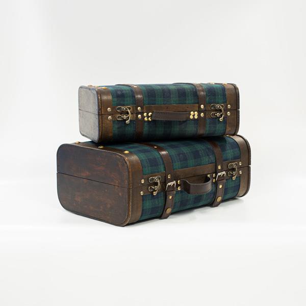 MALETA DE TELA CUADROS VERDE-AZUL, SET 2 UD, 42x28,3x17,5cm Y 36x22,5x13,2cm