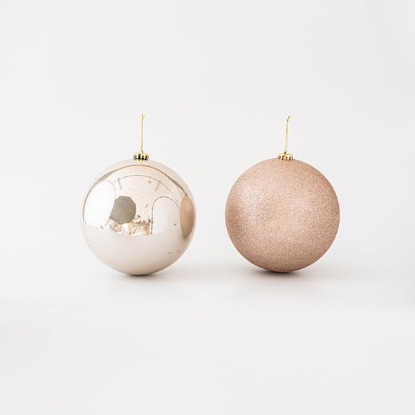 BOLAS DE PLÁSTICO, ROSA CHAMPÁN, BRILLANTE Y GLITTER, SET 2UD, 20cm