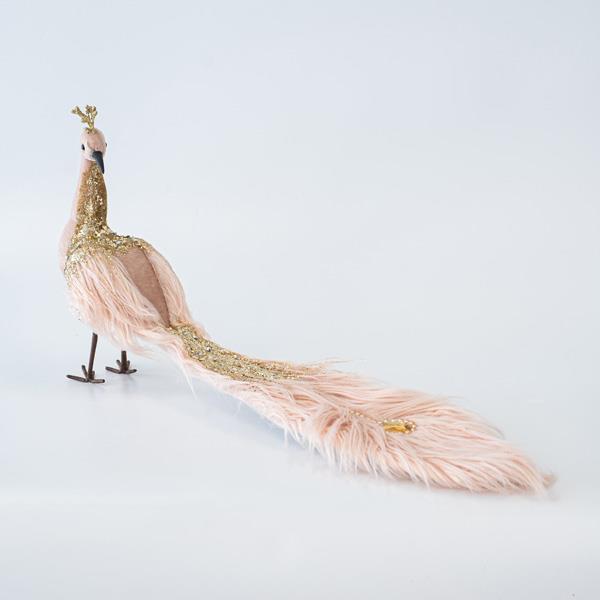 PAVO REAL TERCIOPELO, SALMÓN CLARO. CON PLUMAS, 30x17x60cm