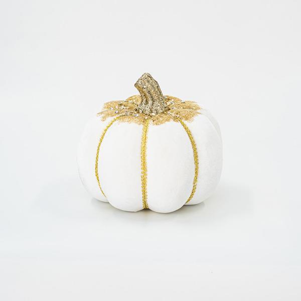 CALABAZA DE TERCIOPELO, BLANCA, CON BRILLO DORADO, 20cm