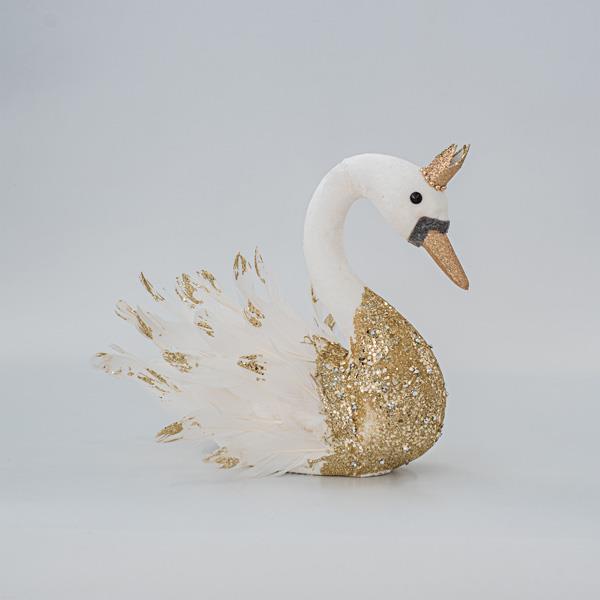 CISNE DE TERCIOPELO, BLANCO, CON BRILLO DORADO, 27x22x28cm