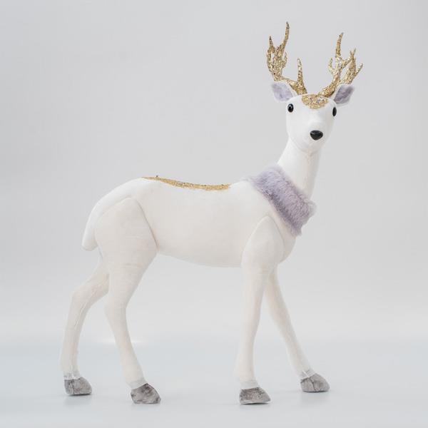 RENO DE TERCIOPELO, BLANCO, CON BRILLO DORADO, 32x52x14cm