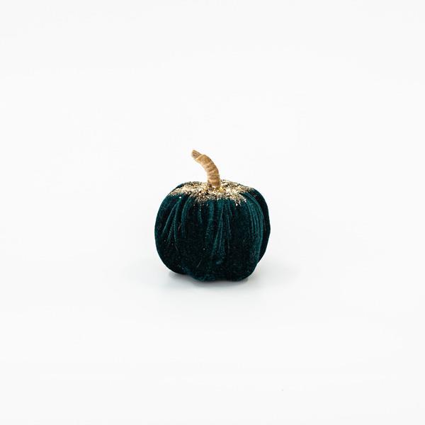 CALABAZA DE TERCIOPELO VERDE OSCURO CON BRILLO DORADO, 8cm