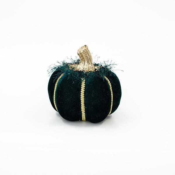 CALABAZA DE TERCIOPELO VERDE OSCURO CON BRILLO DORADO, 15cm
