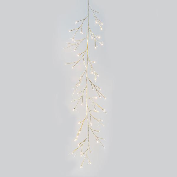RAMA ILUMINADA CON CRISTALES, 60 LED BLANCO CÁLIDO, CHAMPÁN, FUNCIONA CON PILAS, CON TEMPORIZADOR, 150cm