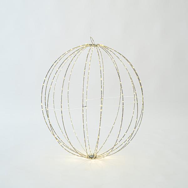 BOLA DE METAL PLATA ILUMINADA 60 cm, 480 MINI LED, ADAPTADOR FIJO, CABLE DE COBRE PLATA, LED BLANCO CÁLIDO, CABLE 3 m, IP44