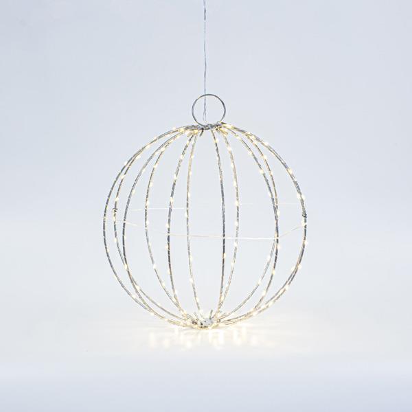 BOLA DE METAL PLATA ILUMINADA 30 cm, 144 MINI LED, ADAPTADOR FIJO, CABLE DE COBRE PLATA, LED BLANCO CÁLIDO, CABLE 3 m, IP44