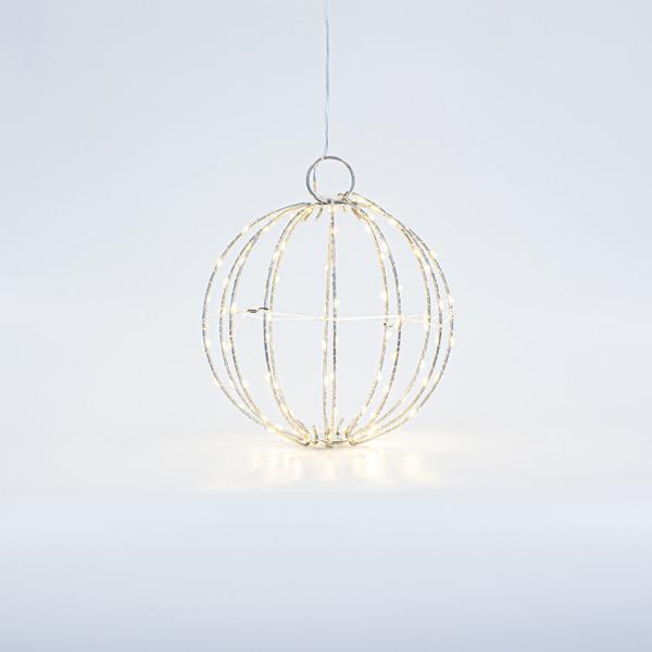 BOLA DE METAL PLATA ILUMINADA 20cm, 96 MINI LED, ADAPTADOR FIJO, CABLE DE COBRE PLATA, LED BLANCO CÁLIDO, CABLE 3m, IP44