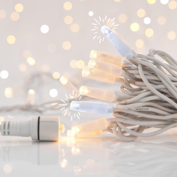 LÍNEA, 100 LED 5mm CON COPAS, 230V, 3 CONECTORES HASTA 9 SET, CABLE DE GOMA BLANCO, 90 LED BLANCO CÁLIDO + 10 LED FLASH BLANCO, POR 10cm, CABLE DE CONDUCCIÓN 1,5m, IP65