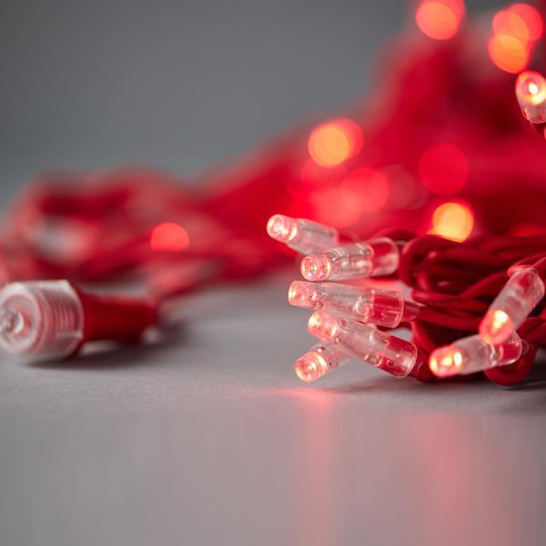 LÍNEA, 100 LED 5mm, 230V, CONECTOR HASTA 9, CABLE 150cm, CABLE DE GOMA ROJA, LED ROJO, POR 10cm, IP65