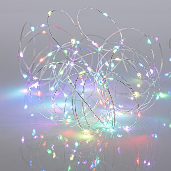 LINE 100 MINI LED, ADAPTADOR 4,5V Y MANDO (M/H, ON/OFF, TEMPORIZADOR), CABLE DE COBRE PLATA, LED RGB SINCRONIZADO, CABLE 500cm, POR 10cm, IP44