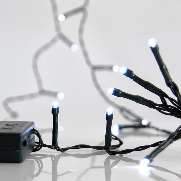 LÍNEA, 50 LED 5mm, CAJA DE BATERÍAS 3xAA CON TEMPORIZADOR, CABLE VERDE, LED BLANCO POR 10cm, CABLE 50cm, IP20