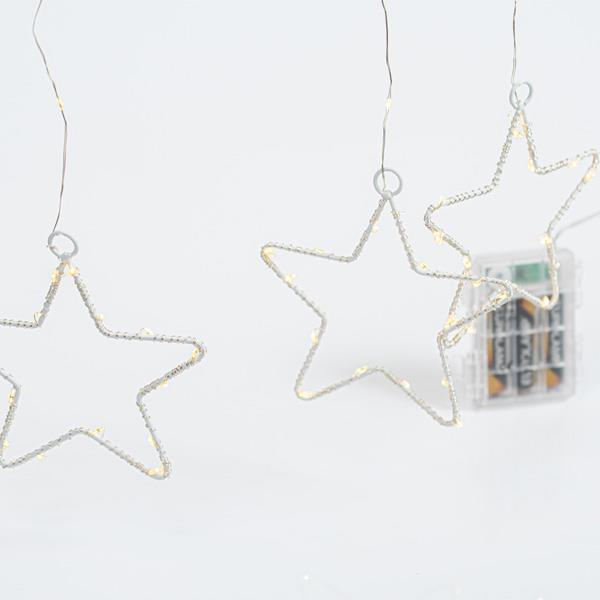 CARÁMBANO, 184 MINI LED CON 8 ESTRELLAS DE METAL 12cm, CAJA DE BATERÍA 3AA CON TEMPORIZADOR, CABLE TRANSPARENTE, LUZ DÍA LED, Al155xAn175cm, CABLE 50cm, IP44