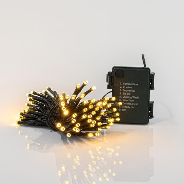 LÍNEA, 96 LED 3mm, FUNCIONAMIENTO CON BATERÍA, CON MULTIFUNCIÓN, MEMORIA Y TEMPORIZADOR, CABLE VERDE, LED BLANCO CÁLIDO CADA 7,5cm, CABLE 50cm, IP44