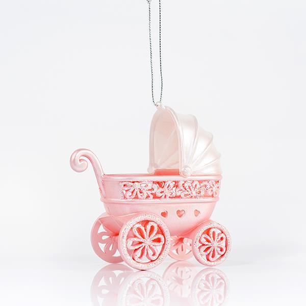 CARRITO DE BEBÉ ACRÍLICO, ROSA, CON BRILLO, 11x10cm
