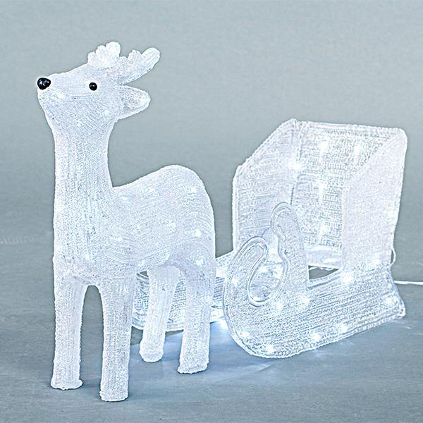 CIERVO CON CARRO ACRÍLICO, 31V, 100 LED BLANCO, CON ADAPTADOR, CABLE DE PLOMO 500cm, 35x17x47, 47x22x29cm, IP44