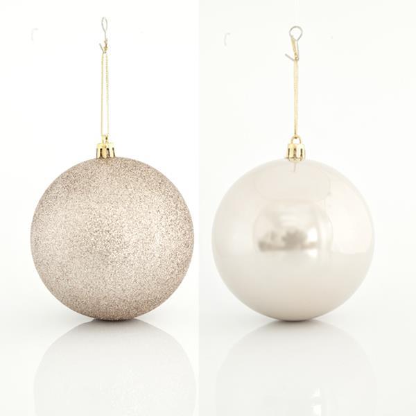 BOLAS BEIGE, PLÁSTICO, SET 6PZS, (2 PERLAS, 4 GLITTER), 10cm