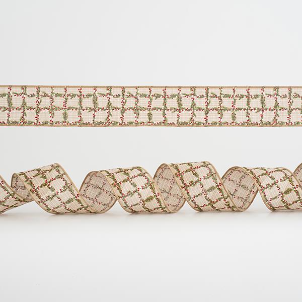 CINTA CUADROS BEIGE, CON DISEÑOS ROJOS Y VERDES, 6,35cm, 10A